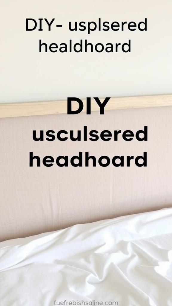 A DIY upholstered headboard in a soft fabric with a wooden trim, positioned above a rumpled white bedspread.