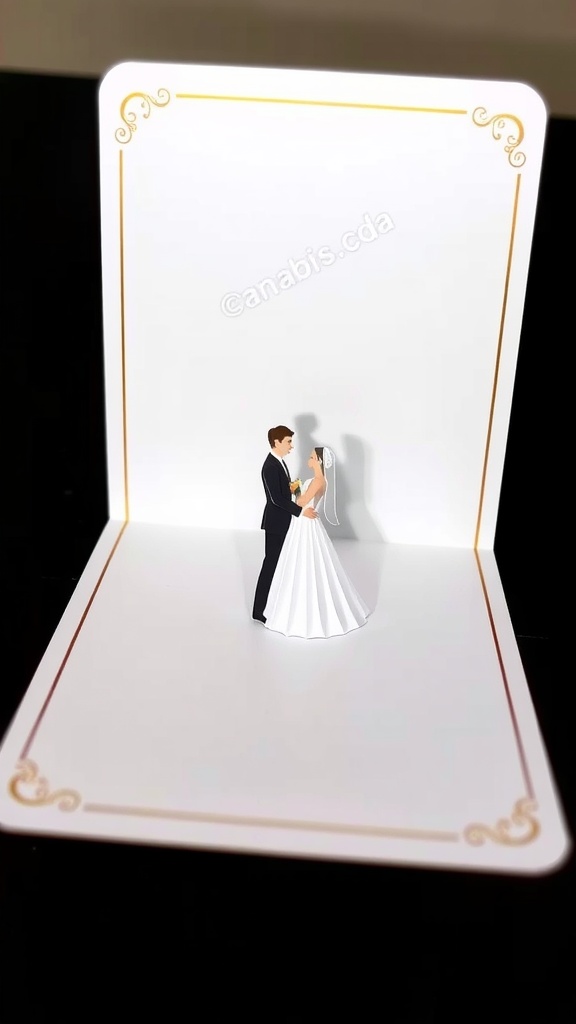 A pop-up card featuring a bride and groom in a loving embrace, set against a simple white background with gold accents.