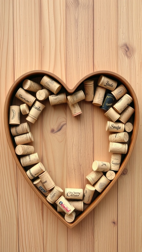 A heart-shaped arrangement of wine corks in a wooden tray on a wooden surface.