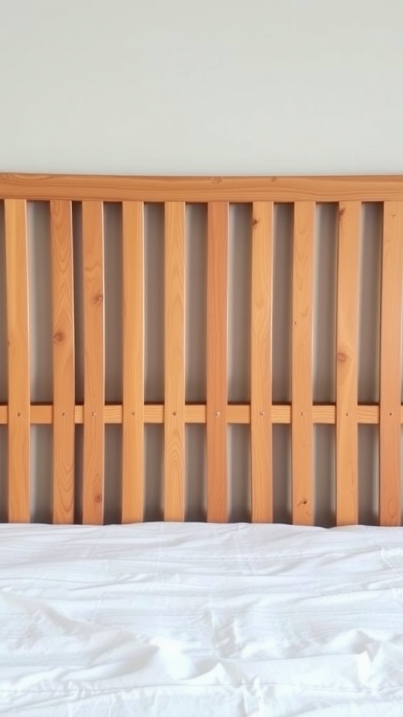A wooden slat headboard above a white bed