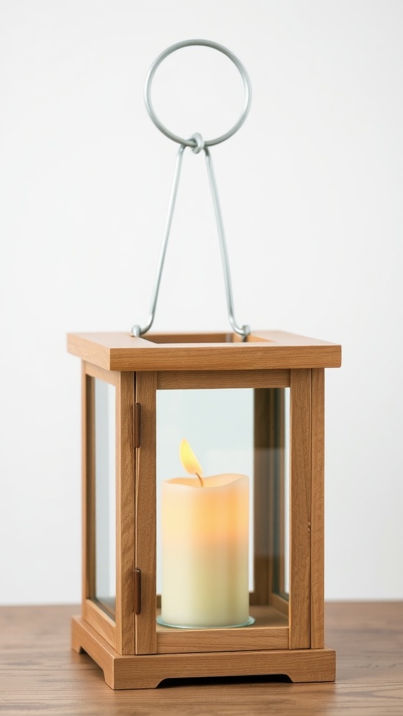 A wooden lantern with an LED candle inside, featuring a simple design and set on a wooden surface.
