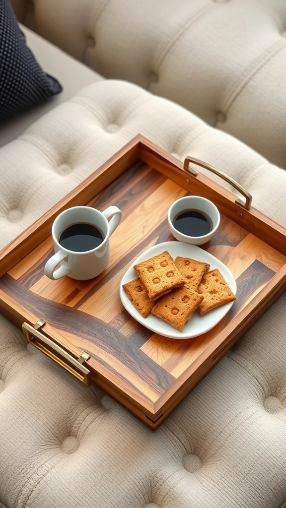 A wooden serving tray with coffee and snacks on a couch