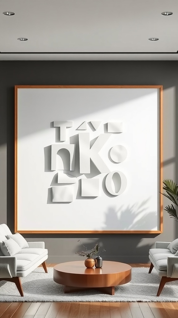 A modern living room featuring abstract paper wall art with various shapes in white on a dark wall.