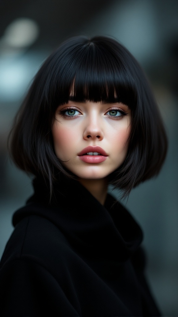 Close-up of a model with shoulder-length hair and angled bangs
