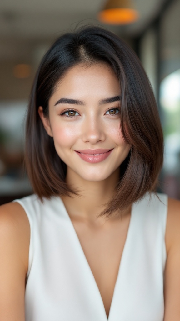 A woman with a stylish asymmetrical bob hairstyle, smiling confidently.
