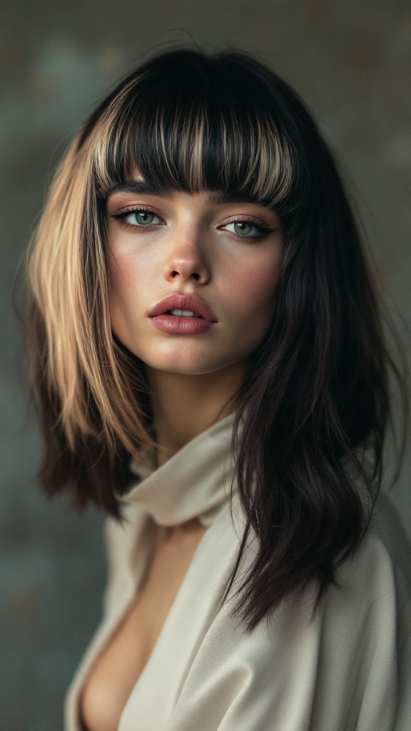 A model with asymmetrical curtain bangs and shoulder-length hair.