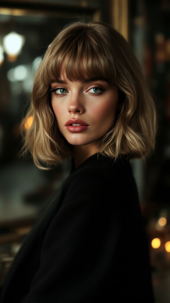 A woman with shoulder-length hair styled in Bardot bangs, showcasing a chic and timeless look.