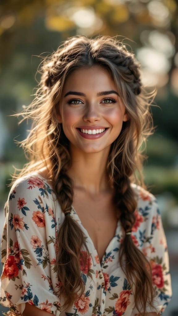 A woman with a boho braided half-updo hairstyle, smiling in a floral outfit.