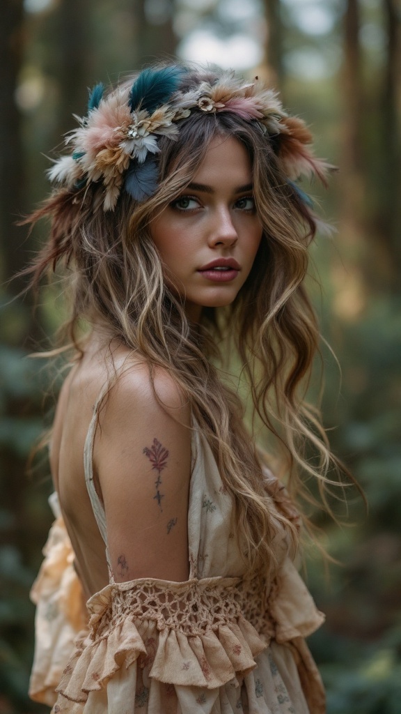 A woman with boho loose waves and feather accessories in her hair.