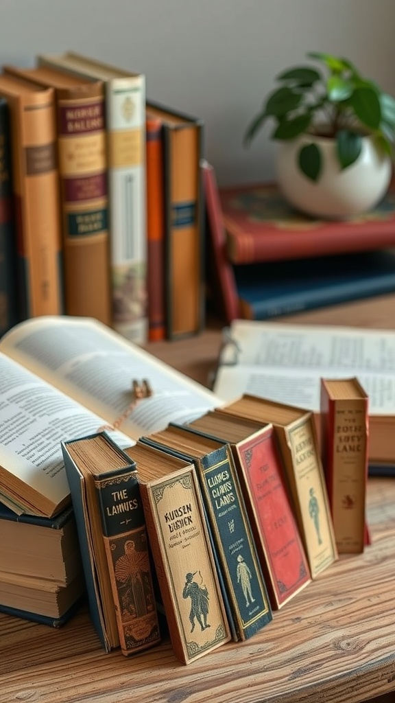 A collection of old books with colorful spines arranged on a table, some opened and some standing upright.