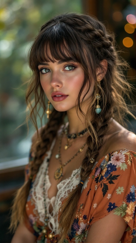 A person with braided bangs and shoulder-length hair, wearing a floral dress.