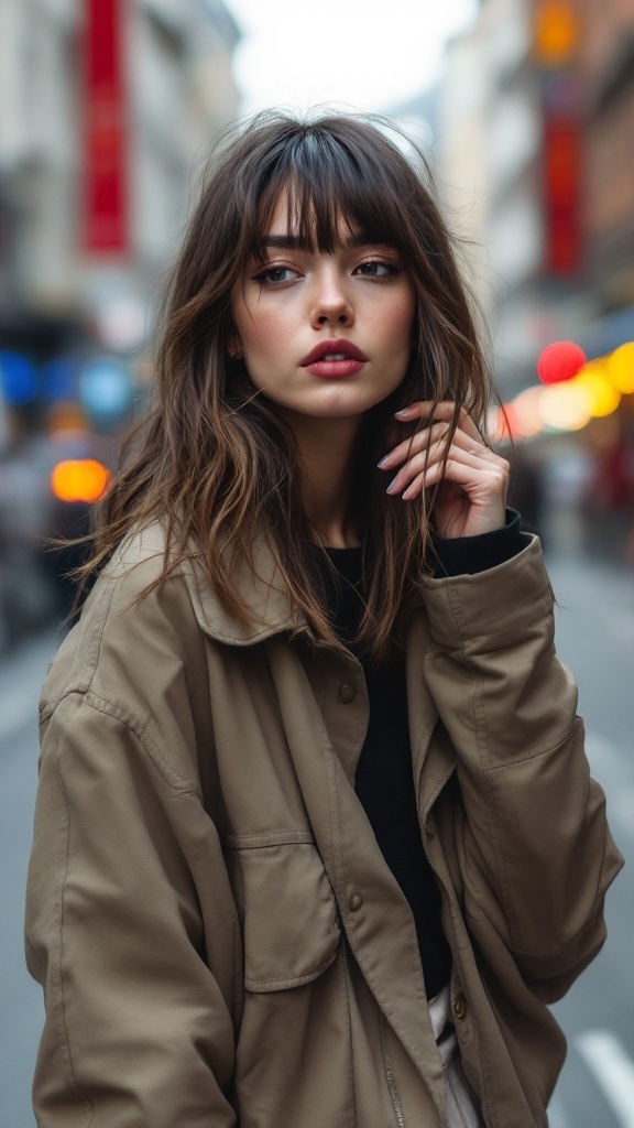 A woman with shoulder-length hair and brushed-up curtain bangs, wearing a casual outfit, standing in a city street.