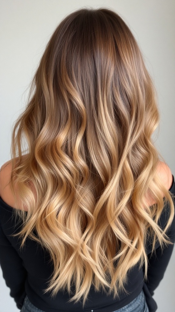 Hair styled in a caramel to honey blonde ombre transition, showcasing soft waves.