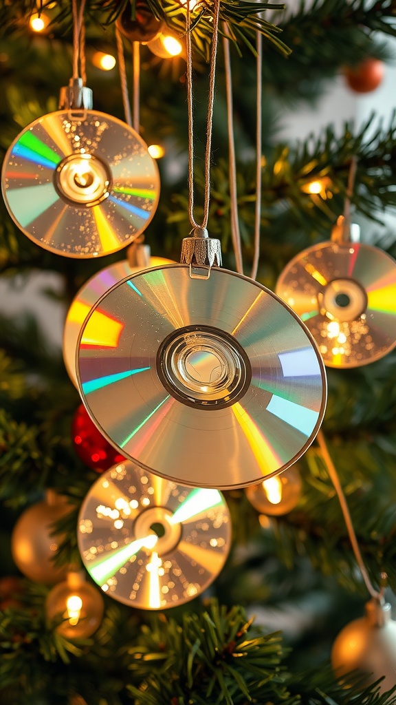 Colorful CD discs hanging as ornaments on a decorated tree.