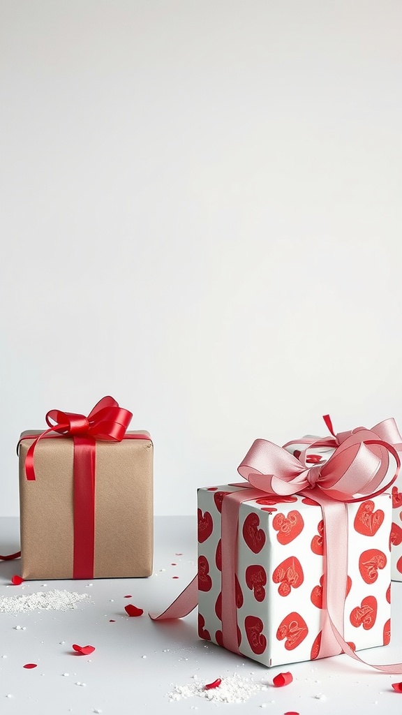 Two creatively wrapped gift boxes made from cereal boxes, one in plain brown and the other with a heart pattern.