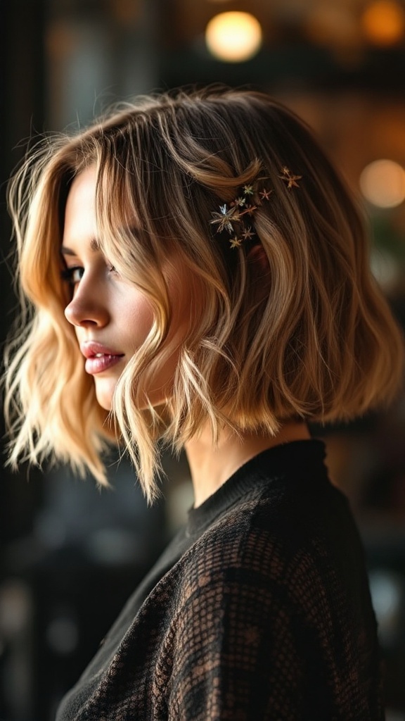 A woman with a chic bob hairstyle featuring soft waves and decorative hair accessories.
