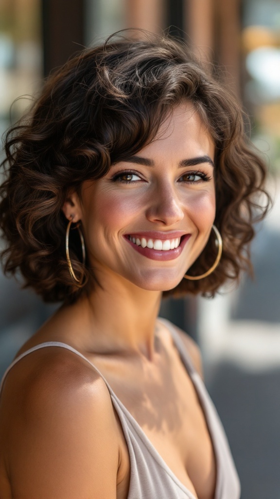 A woman smiling with a chin-length curly bob hairstyle.