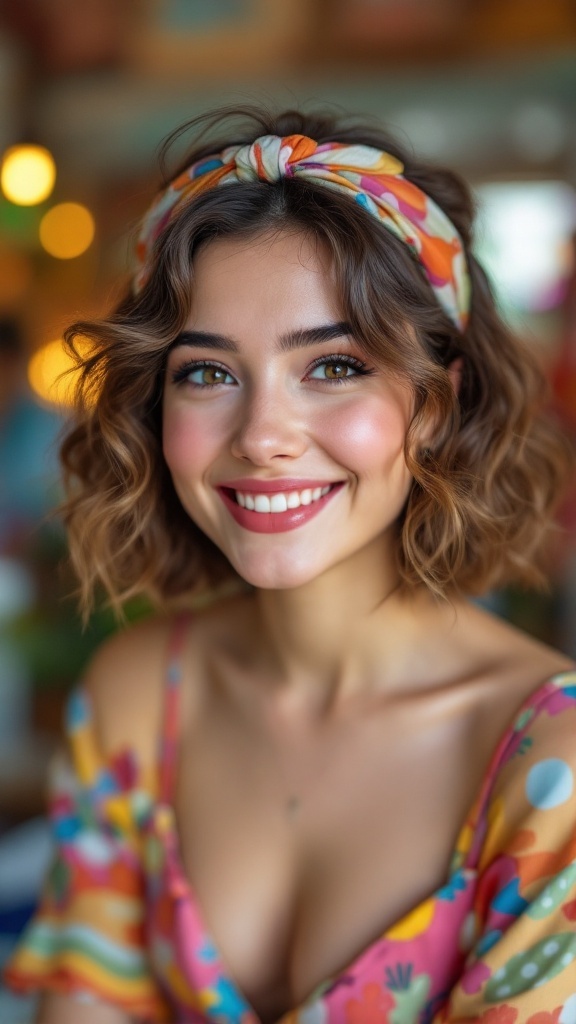 A person with a curled bob hairstyle, wearing a colorful headband