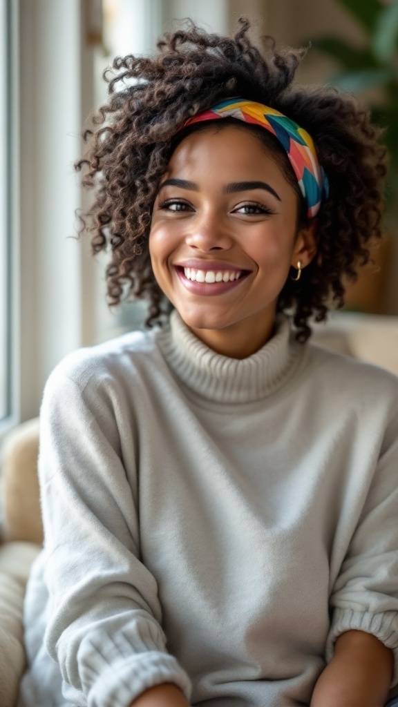 A person with curly hair wearing a colorful headband and a cozy sweater, smiling brightly.