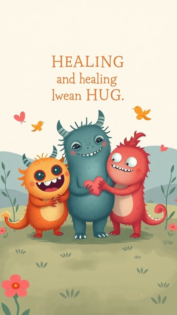 Three cute cartoon monsters hugging each other with a message about healing and hugs.