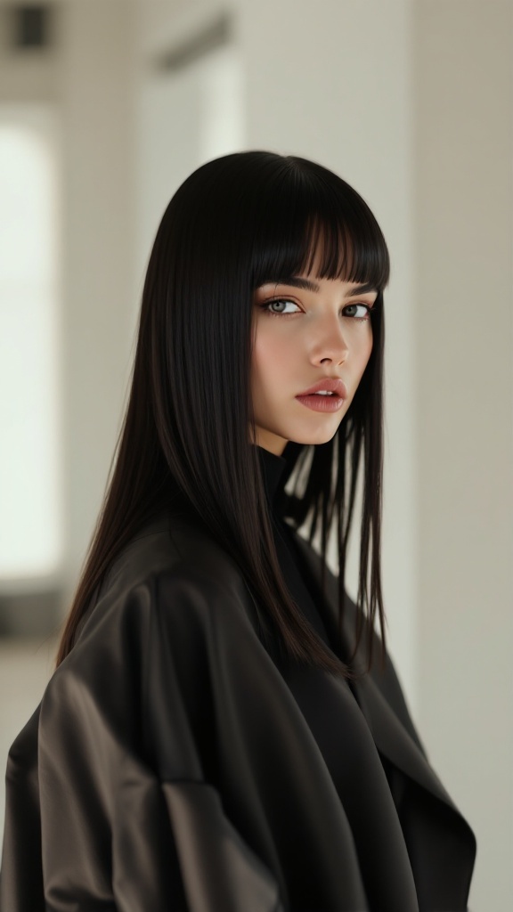 A woman with sleek straight hair and bangs, wearing a dark outfit.