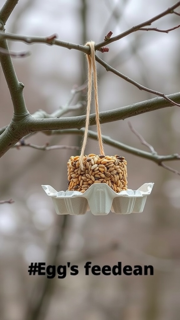 A DIY bird feeder made from an egg carton, filled with seeds and hanging from a tree branch.