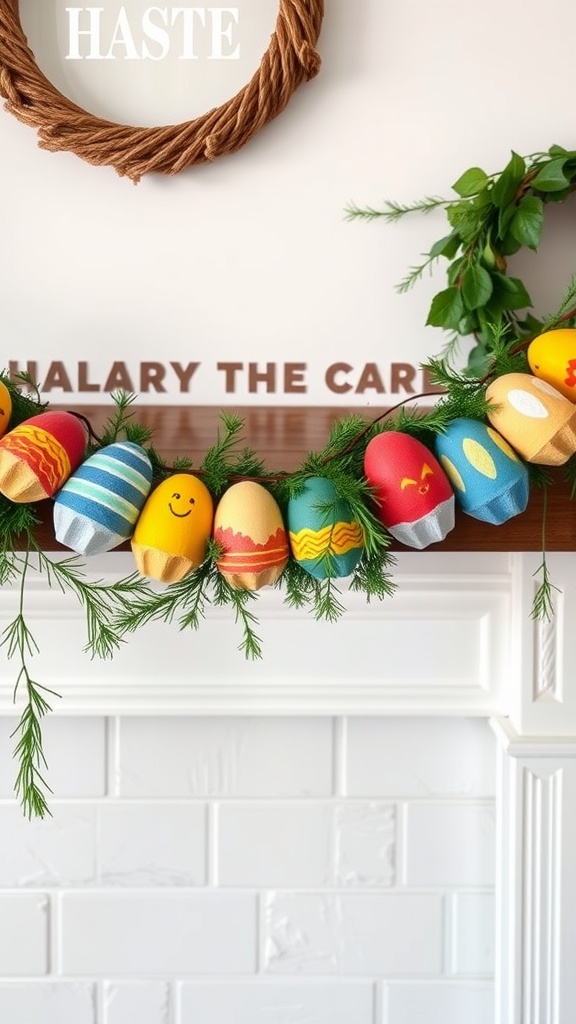 Colorful egg carton garland hanging on a mantel with greenery.