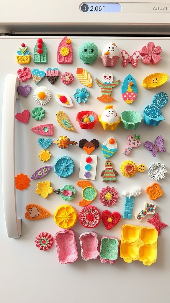 Colorful egg carton magnets displayed on a refrigerator.