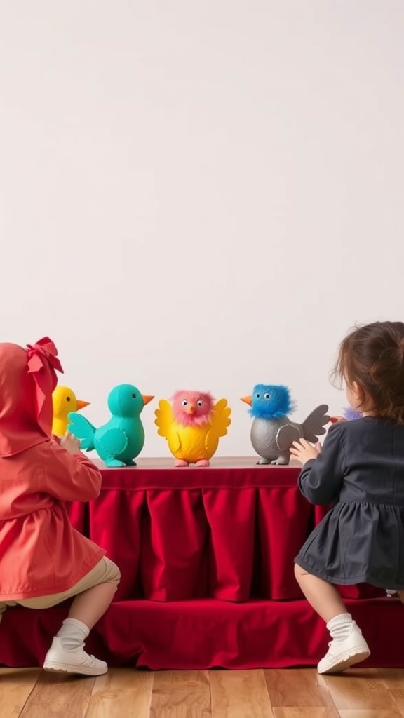 Children playing with colorful egg carton puppets