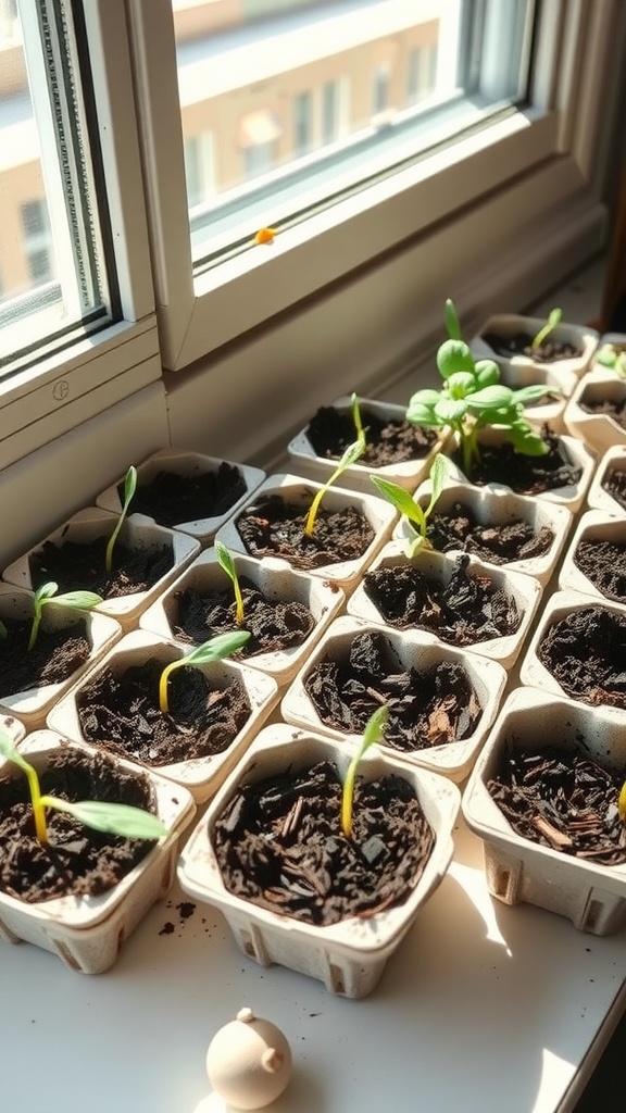 Egg cartons filled with soil and small green sprouts.