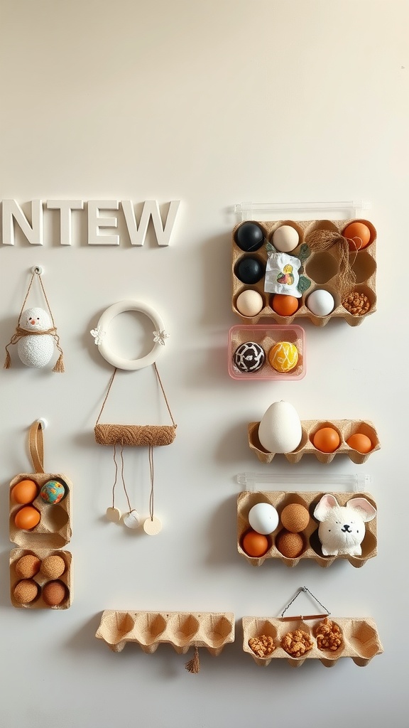 Colorful wall hangers made from egg cartons displaying various items.
