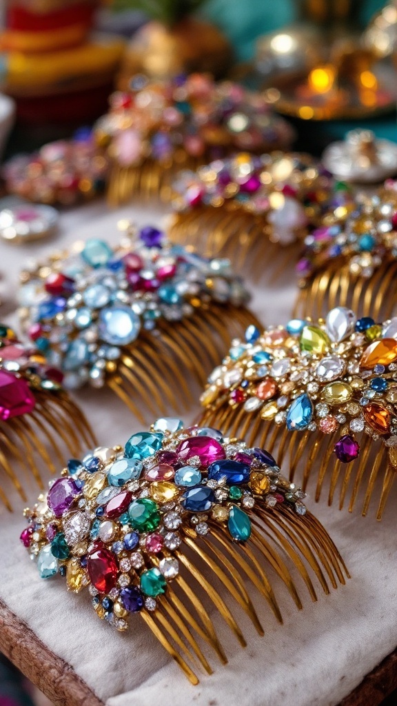 Colorful hair combs adorned with shiny gems on a soft surface.