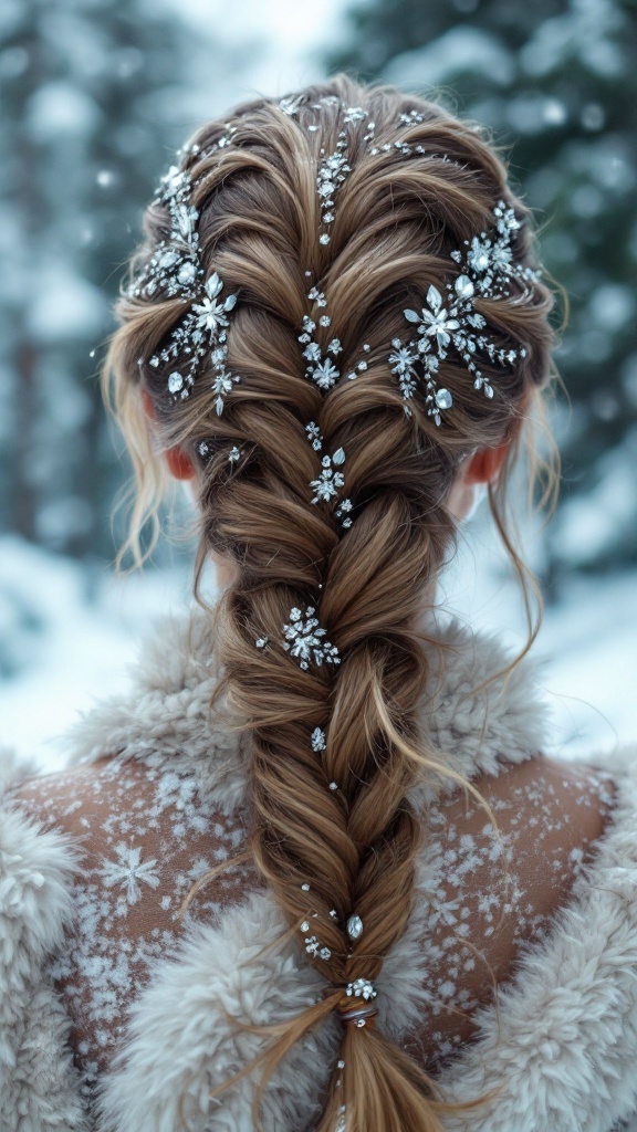 A fishtail braid adorned with jewels, showcasing a beautiful hairstyle for medium hair.
