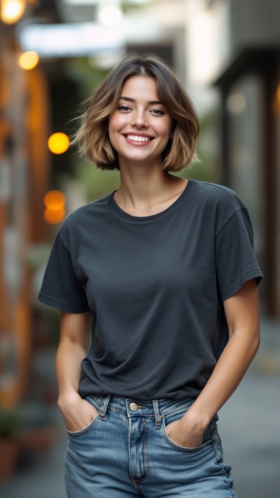 A woman with a flipped ends bob hairstyle, smiling in a casual setting.