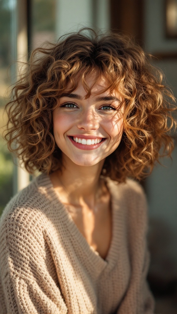 A smiling person with fluffy short curls, wearing a cozy sweater.