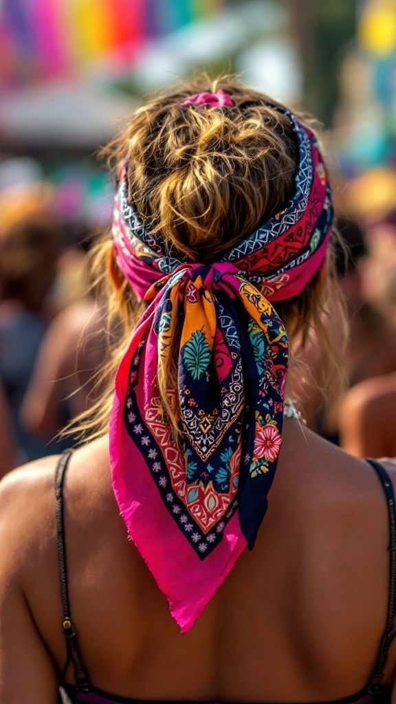 A person with a colorful bandana hair wrap at a festival.
