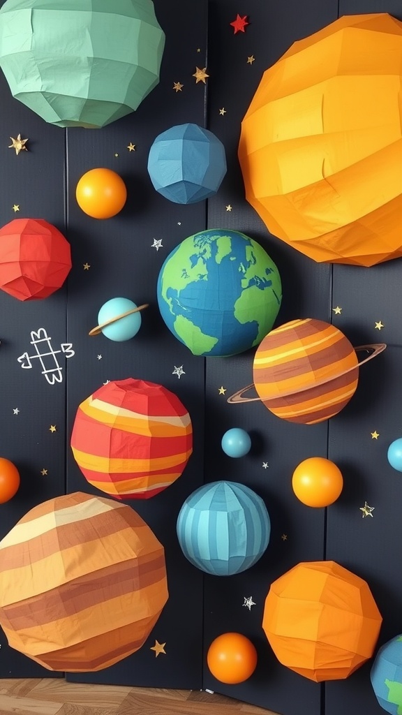 Colorful paper mache planets hanging against a dark background.