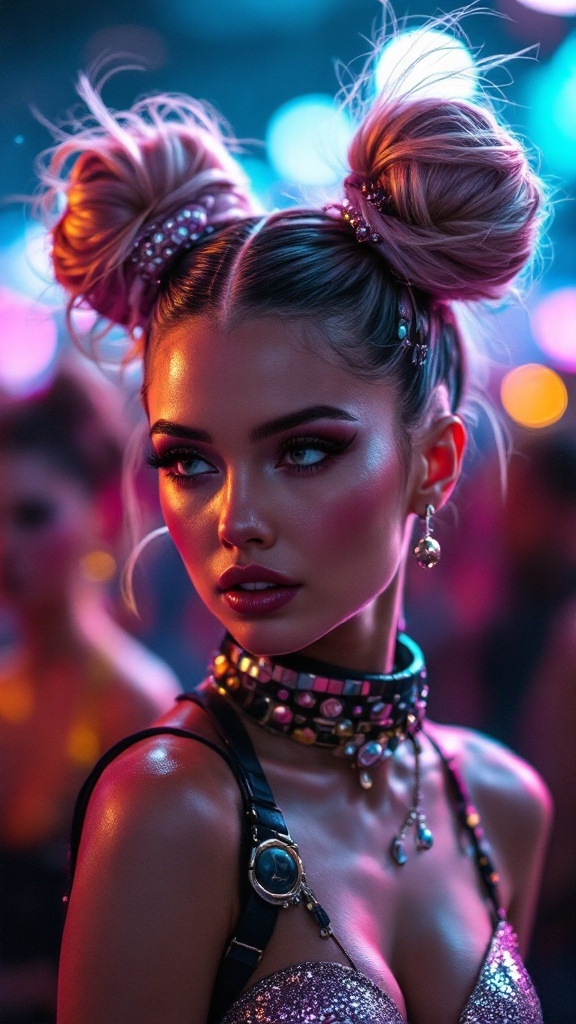 A close-up of a woman with metallic space buns hairstyle, showcasing vibrant hair accessories and festival attire.