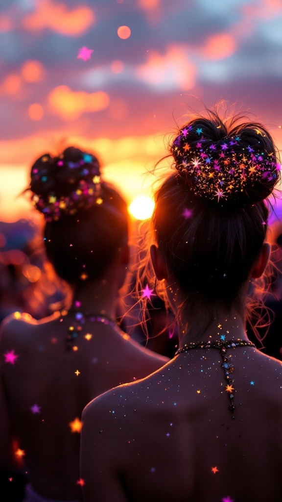Two people with glittery space buns decorated with stars, set against a colorful sunset.