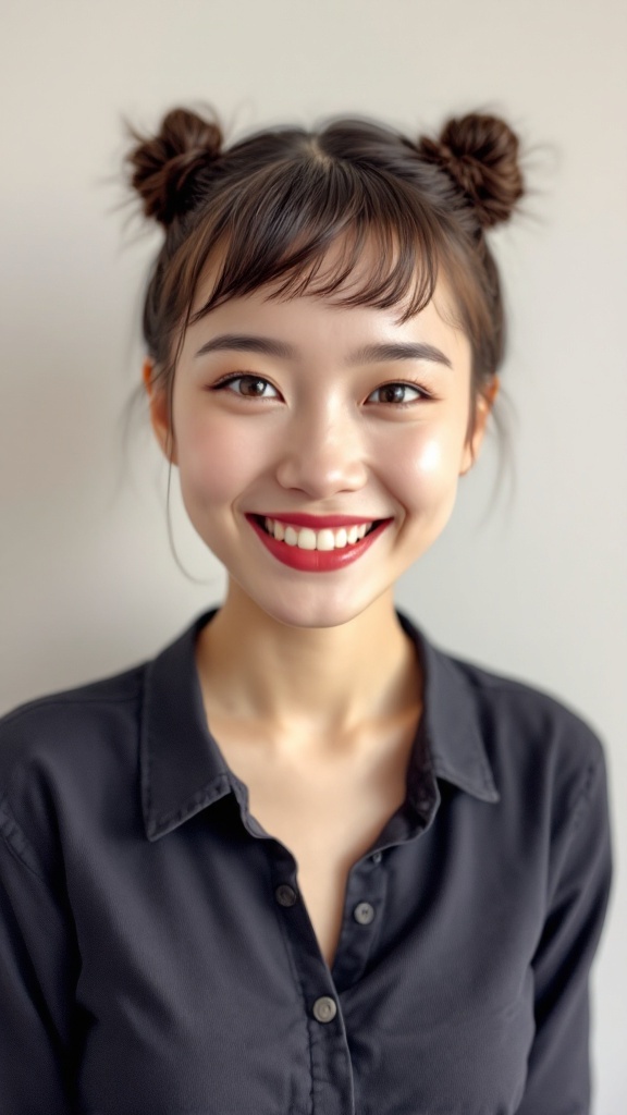 A young woman with a half-up twisted crown hairstyle, smiling brightly.