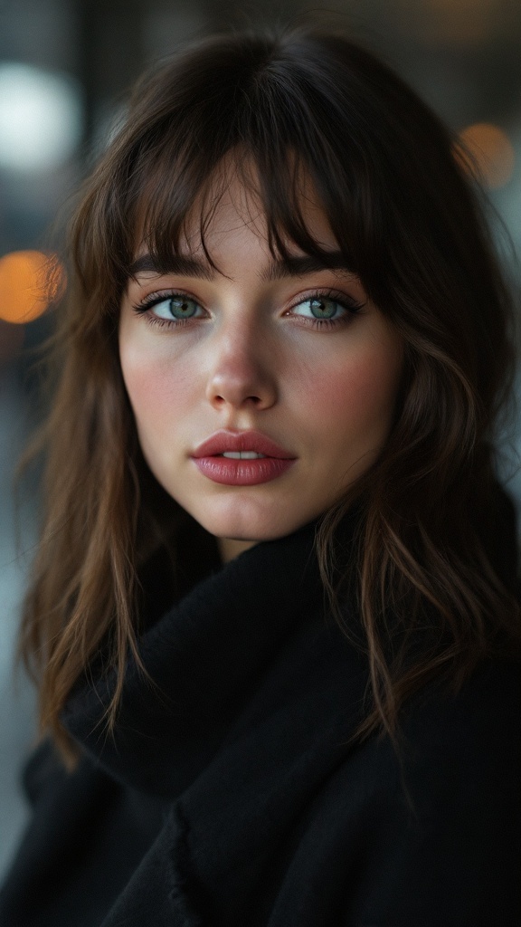 A close-up portrait of a person with shoulder-length hair and heart-shaped bangs, showcasing their bright blue eyes and natural makeup.