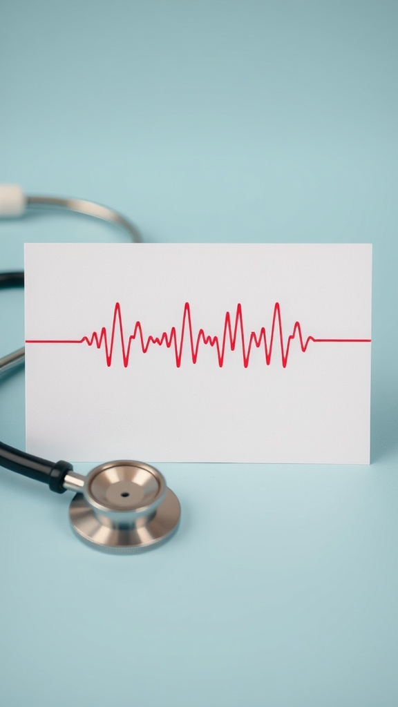 A card displaying a red heartbeat soundwave next to a stethoscope.