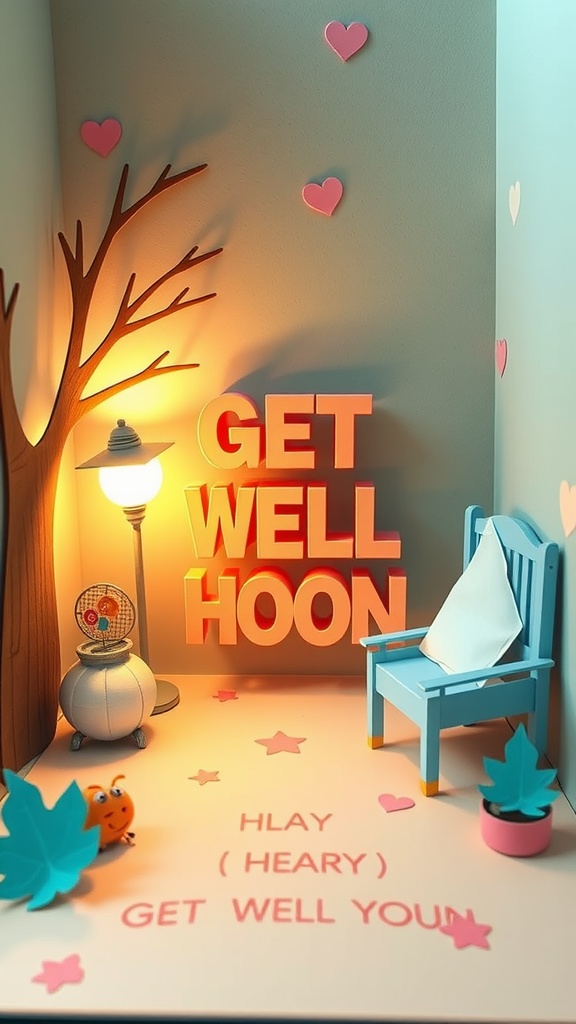 A cozy scene with a 'GET WELL HOON' sign, a lamp, and decorative elements like hearts and leaves.