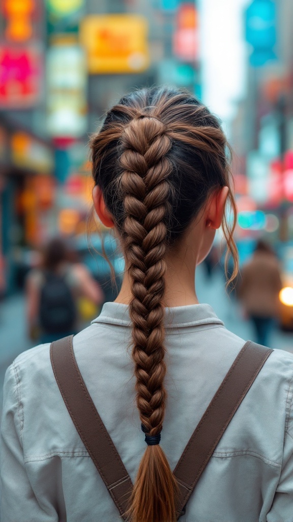 A stylish knotless braids ponytail on medium hair, showcasing a neat braid and a casual outfit.