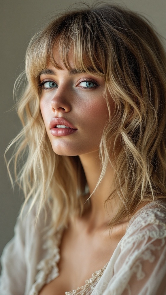 A person with shoulder-length hair styled in layered curtain bangs, looking elegant and fresh.