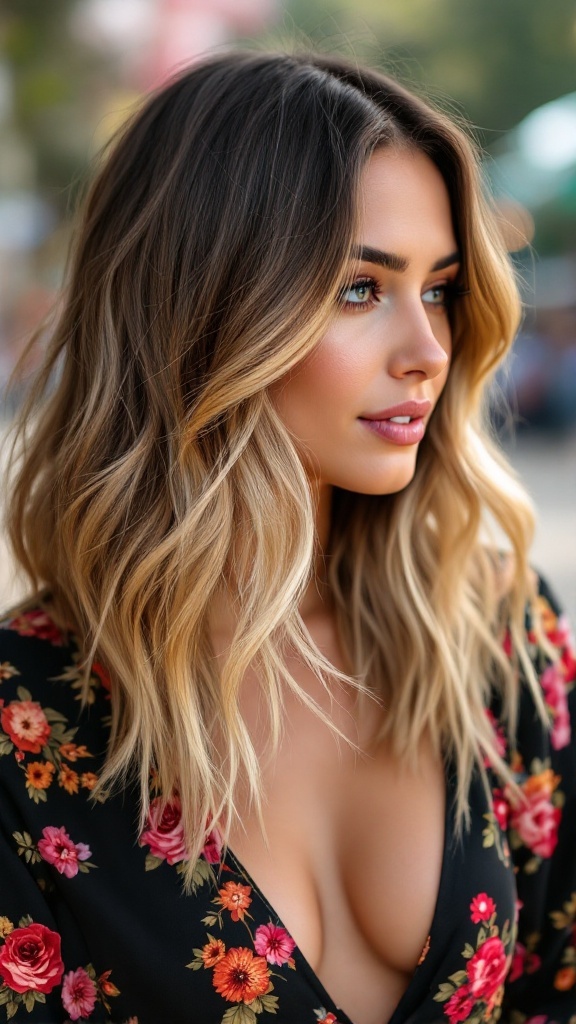 A woman with long, layered hair featuring ombre highlights, wearing a floral dress.