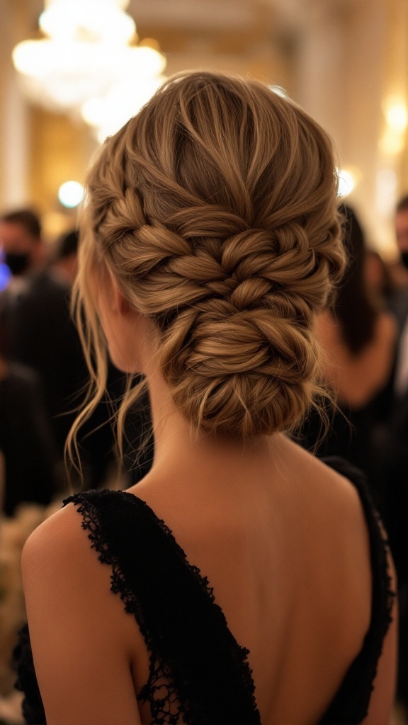 A back view of a low rope braid chignon hairstyle, showcasing intricate braids beautifully styled.