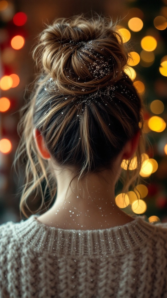 A woman with a messy bun adorned with glitter, wearing a cozy sweater, with soft lights in the background.