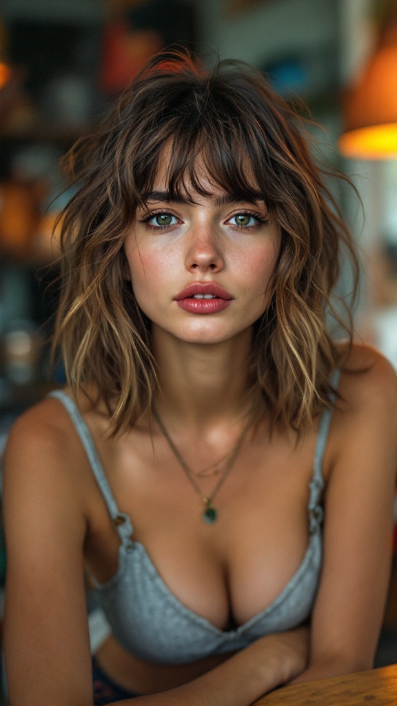 A person with shoulder-length hair and messy curtain bangs, appearing casual and stylish.