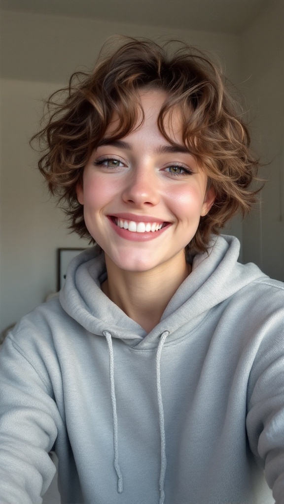 A person with short, messy curls smiling in a casual outfit.